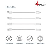 4 Short USB Cable, COSOOS 4 Pack 9 Inch Nylon Fast Charging Cords Compatible with iPhone 11/11 Pro/11 Pro Max/X/XS/XR/XS Max/8/8 Plus, iPad Air, iPod Touch, Charging Station, Power Bank(Silver)