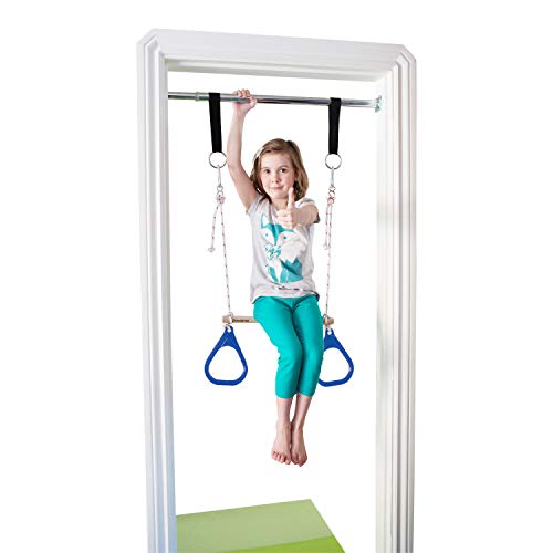 DreamGYM Indoor Swing Trapeze Bar and Gymnastic Rings Combo for Doorway Gym - Blue - Thumbnail 6