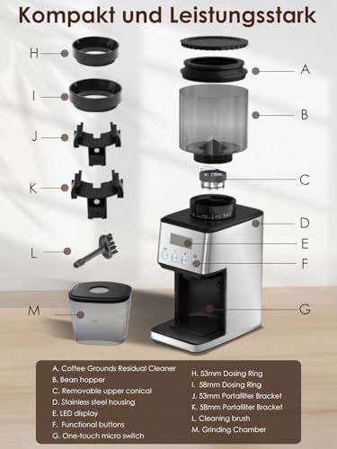 Homtone Electric Coffee Grinder, 51 Adjustable Grinding Levels, Stainless Steel Conical Grinder, Anti-Static Technology, for Espresso, Filter Coffee and French Press, 160W (Silver)