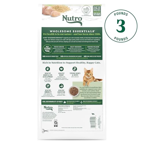 NUTRO WHOLESOME ESSENTIALS KITTEN FOOD DRY RECIPE FOR EARLY DEVELOPMENT, DRY CAT FOOD, FARM-RAISED CHICKEN & BROWN RICE RECIPE, 3 LB. BAG