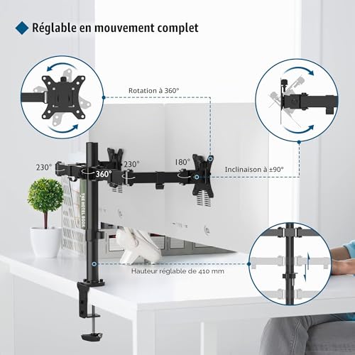 BONTEC 2 Screen PC Monitor Stand for 13-32 Inch Monitors, Height Adjustable PC Monitor Arm, Rotatable and Swivel, Tilt, Maximum Load of 10 kg per arm, 2 Mounting Options, VESA 75/100