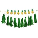 NICROLANDEE 8 Pcs Tropical Glitter Gold Pineapples Bunting Banner Tropical Fruit Garland & 10 Pcs Green Tassel Garland for Luau Wedding Birthday Summer Hawaii Party Decorations