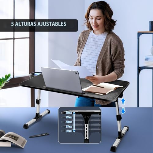 ICARE Bed Table, Laptop Table with Fan for Laptops, Tablet Stand and Drawer, Folding Table, Adjustable Height and Angle, Tray for Bed, Sofa, Floor (60 x 34 cm, Black)