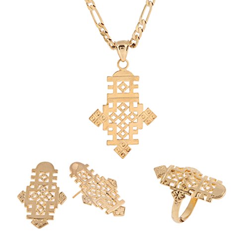 Ethiopian cross pendant earring ring necklace set 24k african gol…