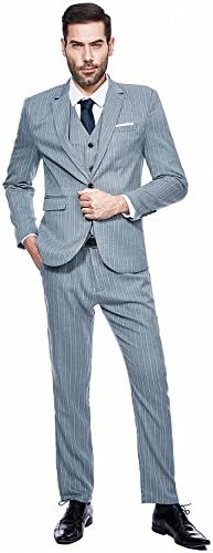 GOMY Men's Pinstripe 3 Piece Suits Slim Fit One Button Wedding Blazer Jacket Tux Vest & Trousers