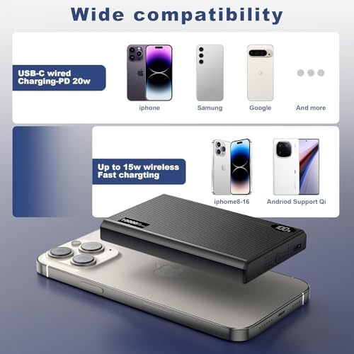 Magnetische Powerbank 10000mAh, 15W Kabelloses Magnetic Laden & 20W USB-C Schnellladen, LED-Digitalanzeige, Starker Magnet, kompatibel mit phone 17/16/15/14/13/12 Serie – flugtauglich (Grau)