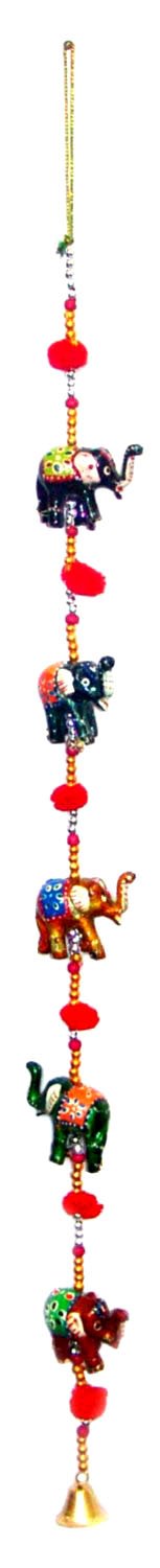 Super India Door Hanging Decorative Five Hand Painted Elephant Stringed Together with Beads and Brass Bell Set of 2 pcs