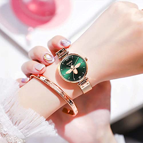 Bee Watch for Women Green Dial,Rose Gold Mesh Watch for Women, Ladies