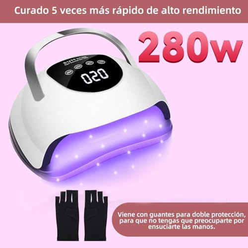 Lámpara de 280W UV/LED Lámpara para Uñas(con un par de guantes),Secador 66 Luces de Uñas,sensor de uña,con 4 Ajustes de Temporizador y Pantalla LCD de curado portátil