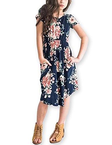 Girls Floral Maxi Dress,Kids Casual Short Sleeve T Shirt Dresses Pocket for Toddlers,Dark Blue,10 Years