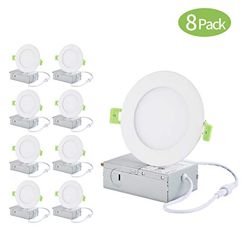 KINGOAL 9W 4 inch Ultra Thin Led Recessed Ceiling Light with Junction Box, 5000K Daylight Dimmable Downlight, 65W Equivalent for Hallway/Home/Offices (8 Pack)