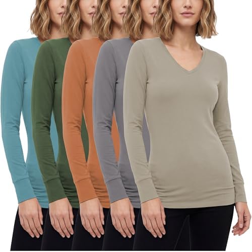 Real Essentials 4 Pack: Women's Cotton Long Sleeve V-Neck T-Shirts