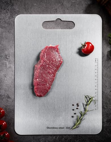 Stainless Steel Cutting Board, Titanium Chopping Boards for Kitchen, SUS 304 Large Chopper for Meat, Dishwasher Safe, with Handle & Scale, Easy Clean, ستانلس ستيل تقطيع, Solid Cookware, (36*25*0.2 cm)