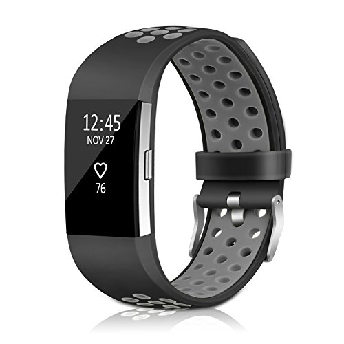 For Fitbit Charge 2 Bands, Silicone Replacement Sport Strap Bands for Fitbit Charge 2 Smartwatch Fitness Wristband with Metal Buckle Small Large (Black/Gray)