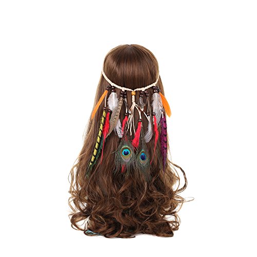 AWAYTR Boho Fancy Feather Headband - Women Hippie Hairband Festival Headwear Hair Hoop