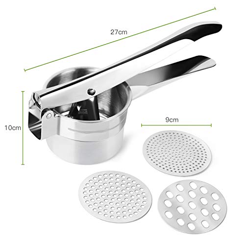 FREDI Potato Ricer/Vegetables and Fruit Masher Food Ricer Makes Light and Fluffy Mashed Potato Perfection with 3 Interchangeable Ricing Discs Easy to Clean, 100% Stainless Steel(Silver)