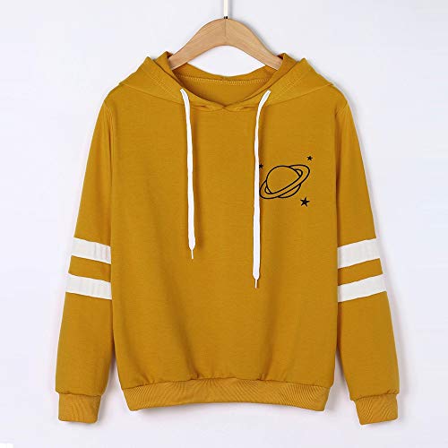 Aunimeifly Women Hoodie Ladies Stripe Long Sleeve Blouse Planet Printed Hooded Casual Drawstring Sweatshirt Yellow - Thumbnail 4