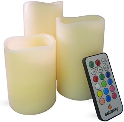 Safeway Candlelites - Set of 3 round LED Candle lights 4" 5" 6", Flameless, Color Changing With Flickering Flame, Smooth Wax-look High Performance With Remote Control Timer