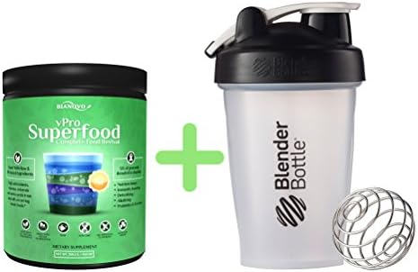 vPro Superfood Greens Nutritional Powder Drink + BlenderBottle 20oz Shaker Bottle | Vanilla Chai Flavor with Hemp, Maca, Spirulina, Chlorella, Goji, Acai, Maqui and MORE!!