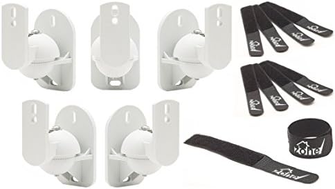 TechZone 5 Pack of Heavy Duty Angle Adjustable Universal Wall Mount Speaker Brackets complete with 10 Velcro Cable Tie Fasteners - White