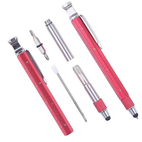 Shulaner 7 in 1 Tech Tool Ballpiont Pen with Ruler, Bottle Opener, Phone Stand, Ballpoint Pen, Stylus and 2 Screw Driver, Multifunction Tool Fit for Mens Gift, Red