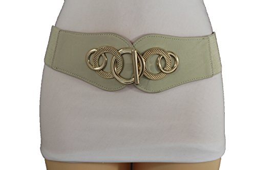 TFJ Women Fashion Belt Hip Waist Gold Metal Hook Buckle Elastic Waistband S M Ivory