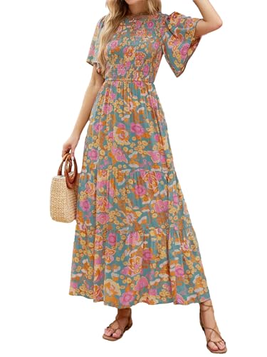 Am Direct Women's Boho Floral Maxi Dress Vacaton Style Flutter Sleeve High Waist Flowy Layel Hem A-Line Pastoralism Dress