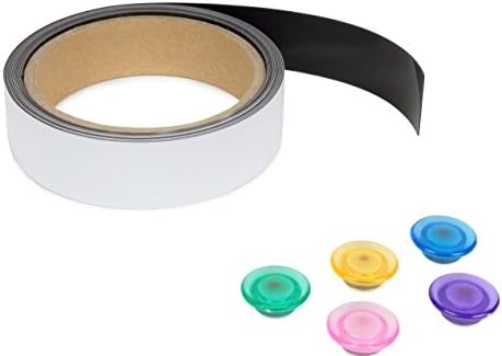 Masacana - Dry Erase White Magnetic Strip Roll, 10 Feet Long x 1 Inch Wide, Comes with 5 Board Magnets, Write On Wipe Off Whiteboard Sheet, Rewritable Label for Fridge, Shelf and Filing Cabinet