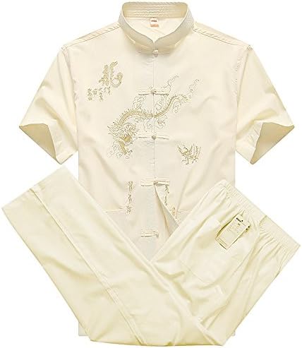 Sweetness Chinese Tai Chi Uniforms Kung Fu Suits Tai Chi Clothes Martial Arts Kung Fu Uniforms Tang Suits With Dragon Pattern (Size Chart In Last Photo) (XXL, Rice White)