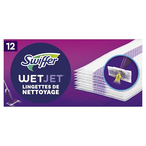 Swiffer WetJet 12 Recharges Jetables Nettoyantes Multi-Surfaces, Retient la Poussière et Saleté, Pour Tous Types de Sol, Sans Traces ni Résidus