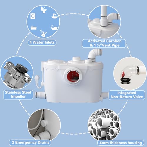 HOCANFLO Macerating Toilet System, 17.7inch Extra Tall Toilet with Macerator Pump for Basement Upflush, Sewage Grinder Pump, Quiet Copper Motor, 4 Inlets for Sink/Shower/Laundry/Washer