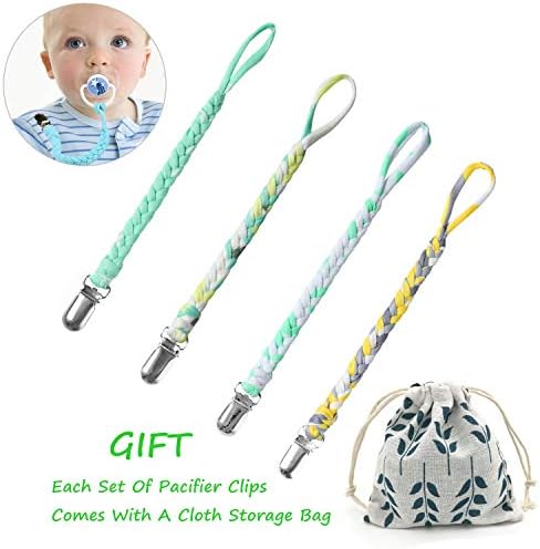 Pacifier Clips Set by MUKIN-Teething Ring Holders for Baby,Universal Flexible Holder Leash for Pacifiers, Teething Toy or Soothie.Baby Shower Gift Set.(Pack of 4)+Free Reusable Bag.