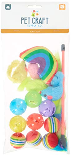 Pet Craft Supply Cat Toy Set - Multi Color Rainbow cat accessories - cat supplies - kitty toys - cat plush toy pack - cat wand catnip mice value pack set of 15 toys