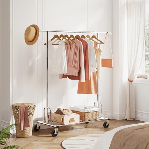 Tajsoon Heavy Duty Clothes Rack Foldable Garment Rack with Wheels and Extendable Rod, Freestanding Clothing Rack for Hanging Clothes, Adjustable ＆ Collapsible Rolling Racks with Bottom Shelf, Chrome