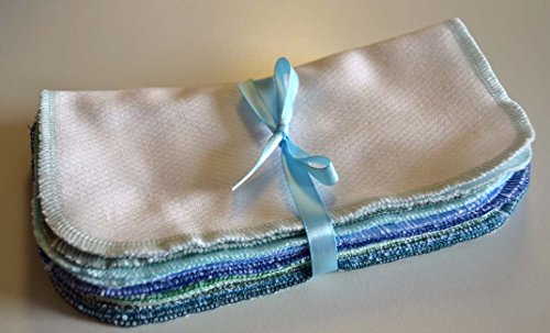 2 Ply Baby Wipes or Napkins. Assorted Blues and Greens - Double Thick White Birdseye Cotton Little Wipes 8x8 inches Set of 10