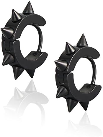 SHINEstyle Men Women Spikes Rivet Studded Surgical Stainless Steel Punk Spiky Round Huggie Hoop Earrings (Black)
