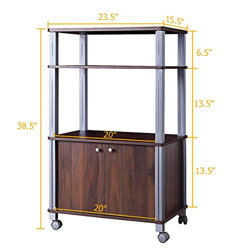 FDInspiration Walnut 23.5''L Rolling Multi-Functional Microwave Stand Cabinet Storage Display Bakers Rack Cart with Ebook