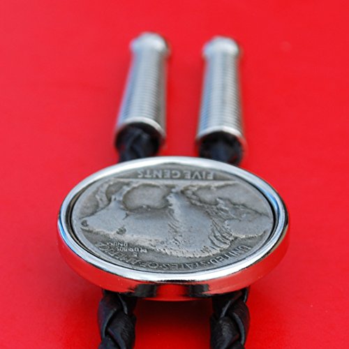 US 1913 ~ 1938 Indian Head Buffalo Nickel 5 Cent Coin Silver Plated Slide 36" Leatherette Cord Bolo Tie NEW - Thumbnail 2