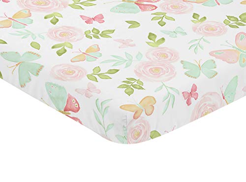Sweet Jojo Designs Blush Pink, Mint and White Watercolor Rose Baby Fitted Mini Portable Crib Sheet for Butterfly Floral Collection