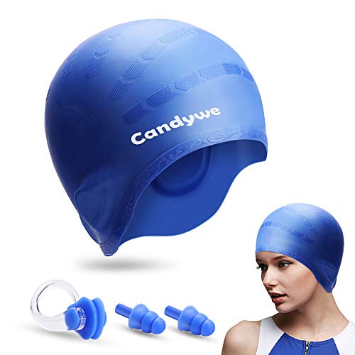 Candywe Swim Cap Cover Ears, Waterproof Silicone Bathing Swimming Cap,Swim Hat for Long Short Hair Women Men Kids Swimming Pool Caps with Nose Clip and Ear Plugs (Blue)