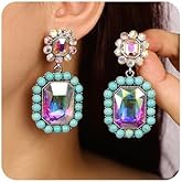 Kercisbeauty Rhinestones Beads Square Dangle Drop Silver Earrings for Women Vintage Jewelry