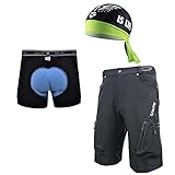 Borvelo MTB Cycling Shorts Set: Mountain Bike Baggy Shorts Loose Fit Plus Bicycle 3D Coolmax Padded Underwear Shorts Plus MTB Cycling Bandana Cap.Superior $ Value Set.