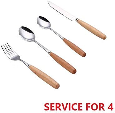 MBB Wood Flatware Set Dinner Server Knife Fork Spoon Stainless Steel Wooden Handle 16 Pieces Service for 4