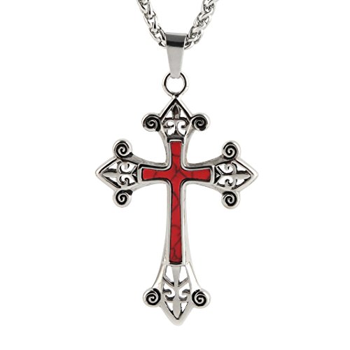 HZMAN Medieval knights templar Cross Stainless Steel Pray Cross Pendant Necklace 24 Inch Chain