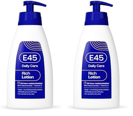 E45 Rich Skin Lotion 400 ml – E45 Moisturising Lotion with Evening Primrose Oil – Lightweight Body Lotion for Dry and Sensitive Skin – Long-Lasting Moisturisation for Soft and Supple Skin (Pack of 2)