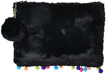 Flirty And Fun Pom Pom Faux Fur Clutch Cross-body Bag (Black)