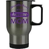 World's Most Awesome MOM 14 oz Stainless Steel Travel Coffee Mug with Push-Down Lid (Purple)