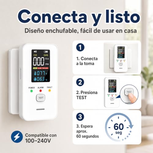 Detector de Gas y Monóxido de Carbono 6 en 1, Alarma Enchufable para Gas LP y Gas Natural, Detector de CO con Temperatura y Humedad, Alarma Sonora de 85 dB y Pantalla LCD, para Cocina, Hogar y Hotel