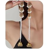 Missgrace Boho Indian Dainty Dangle Beads Faux Pearls long Large Green Red Silver Rhinestone Teardrop Earrings for Women Vintage Retro Chandelier Earrings Beaded Jhumka Jhumki Tassel Studs Traditional Silver Gold Plated Earrings for Women