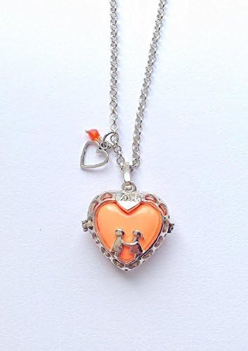 Long Silver Tone Heart Pregnancy Bola Necklace, Orange Chime Ball Pendant